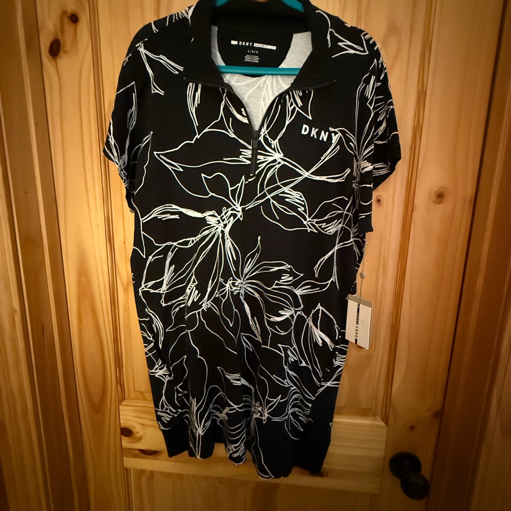 Dkny Black And White Mini Dress With Bold Floral Design